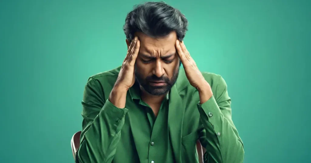 Illustration showing a person experiencing dizziness, with visual elements indicating migraine-related discomfort.