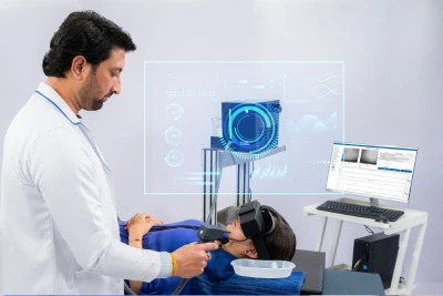 Close-up view of a medical diagnostic device used for vestibular testing and balance assessment."