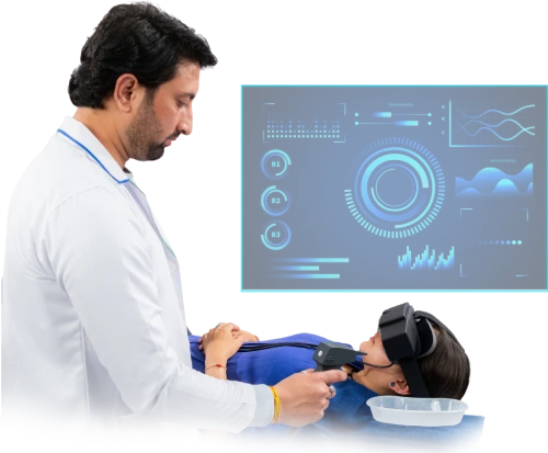 A man adjusts a tool like VR on his head, preparing for an Craniocorpography