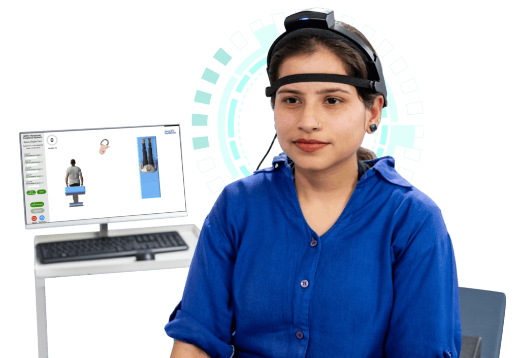Healthcare professional performing a diagnostic maneuver on a patient to assess for BPPV (Benign Paroxysmal Positional Vertigo)."
